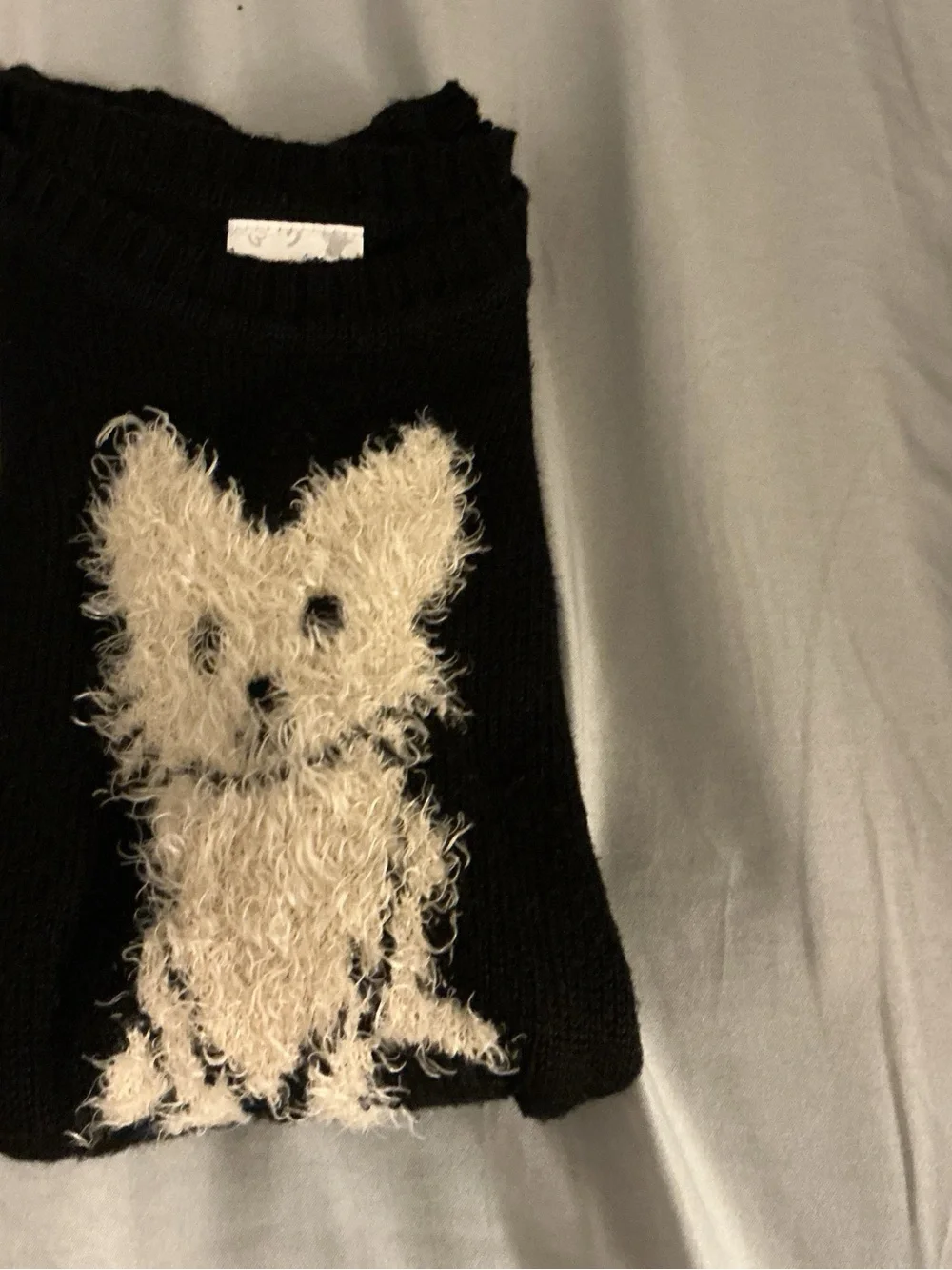Justice Black Short-Sleeve Sweater with Cream Fuzzy Dog Motif